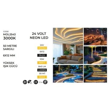 MOLLED MOL2543 24 Volt Gün Işığı (3000K) Neon Led - 10 Watt/Metre - 6x12 mm [50 Metre]