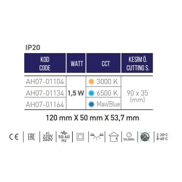 ACK AH07-01164 1.5 Watt Krom Kasa Sıva Altı Dikdörtgen LED Merdiven Armatürü - Mavi Işık