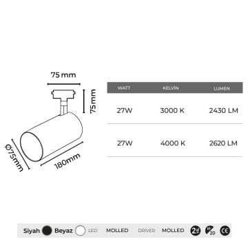 MOLLED MOL2328 27 Watt Siyah/Beyaz Kasa LED Ray Spot