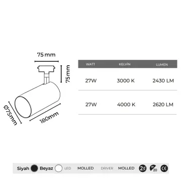 MOLLED MOL2328 27 Watt Siyah/Beyaz Kasa LED Ray Spot