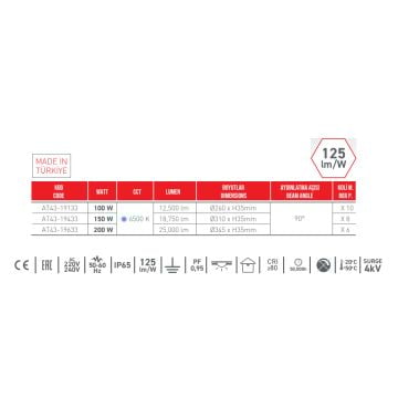 ACK AT43-19433 150 Watt LED Yüksek Tavan Armatürü