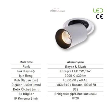 JUPITER LD501 B 7 Watt Beyaz-Siyah Sıva Altı Hareketli LED Spot - Metal - Gün Işığı (3000K)