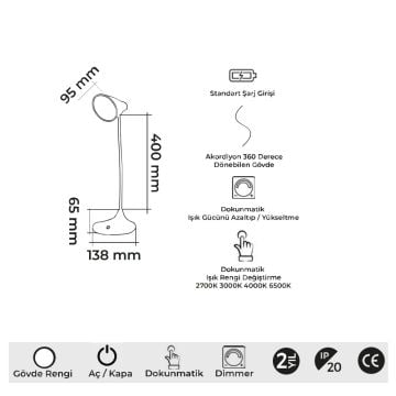 MOLLED MOL1915 Beyaz Dimli ve Dokunmatik, Şarjlı LED Masa Lambası - 3 Işık Renkli (Beyaz + Ilık Beyaz + Gün Işığı)