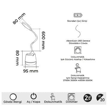 MOLLED MOL1916 Beyaz Dimli ve Dokunmatik, Şarjlı LED Masa Lambası - 3 Işık Renkli (Beyaz + Ilık Beyaz + Gün Işığı)