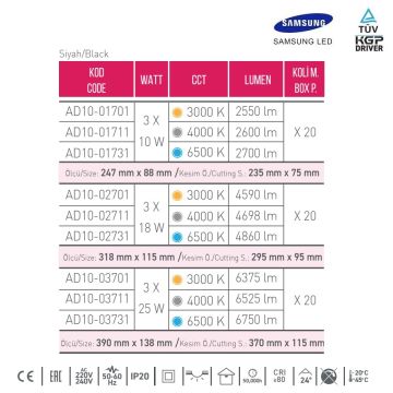 ACK AD10-02711 3x18 Watt Siyah Üçlü Sıva Altı SAMSUNG LED Spot - Ilık Beyaz (4000K)