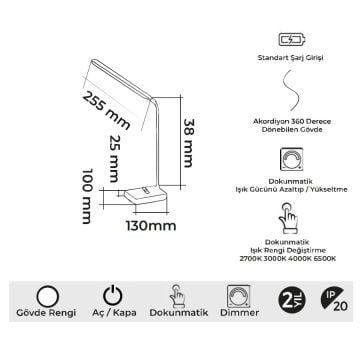 MOLLED MOL1919 Beyaz Dimli ve Dokunmatik, Şarjlı LED Masa Lambası - 3 Işık Renkli (Beyaz + Ilık Beyaz + Gün Işığı)