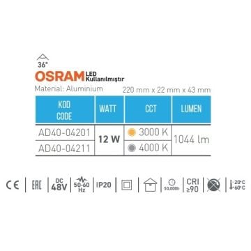ACK AD40-04211 12 Watt 22 cm Lensli Hareketli LED Magnet Armatür - OSRAM LED - Ilık Beyaz (4000K
