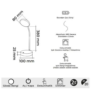 MOLLED MOL1917 Beyaz Dimli ve Dokunmatik, Şarjlı LED Masa Lambası - 3 Işık Renkli (Beyaz + Ilık Beyaz + Gün Işığı)