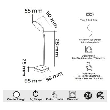 MOLLED MOL1922 Beyaz Dimli ve Dokunmatik, Şarjlı LED Masa Lambası - 3 Işık Renkli (Beyaz + Ilık Beyaz + Gün Işığı)