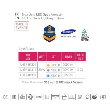 ACK AH12-01301 3x10 Watt 10x31x6 cm Beyaz-Platin Sıva Üstü Üçlü LED Spot - Metal - Ilık Beyaz (4000K)