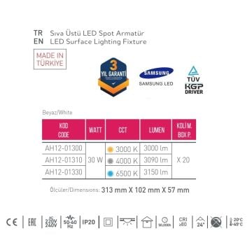 ACK AH12-01310 3x10 Watt 10x31x6 cm Beyaz-Platin Sıva Üstü Üçlü LED Spot - Metal - Beyaz Işık (6500K)