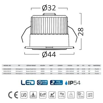 Braytron BH06-00209 3 Watt Dış Mekan Sıva Altı LED Spot - 3 Renk Çerçeve - Gün Işığı (3000K)