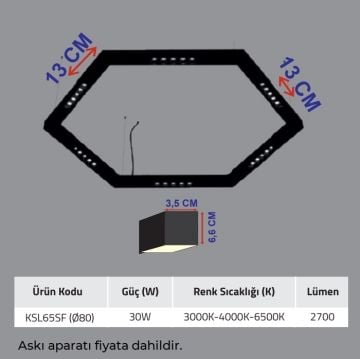 K2 GLOBAL KSL65SF 30 Watt 80 cm Çap Altıgen Sıva Üstü/Sarkıt Mercekli Lineer Armatür (OSRAM LED & TRIDONIC Driver)