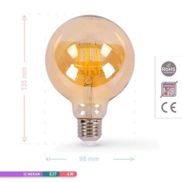 ACK AB47-00420 4 Watt LED G95 Rustik Ampul - Amber