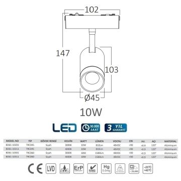 Braytron BD61-10201 10 Watt LED Magnet Ray Spot - Gün Işığı (3000K)
