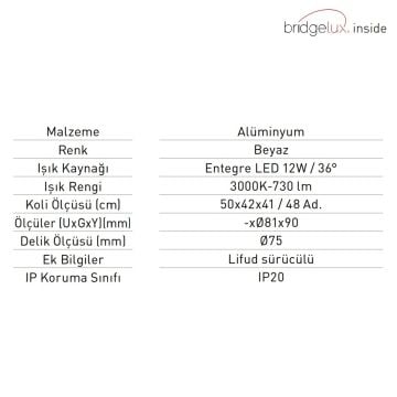 JUPITER LS554 C 12 Watt Beyaz Sıva Altı Yuvarlak LED Spot - Metal - Gün Işığı (3000K)