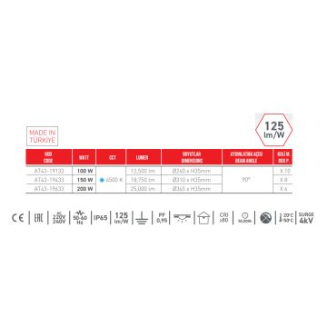 ACK AT43-19133 100 Watt LED Yüksek Tavan Armatürü