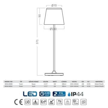 Braytron BK06-00080 Beyaz 3 Watt LED Masa Lambası - 3 Işık Renkli (Beyaz + Ilık Beyaz + Gün Işığı)