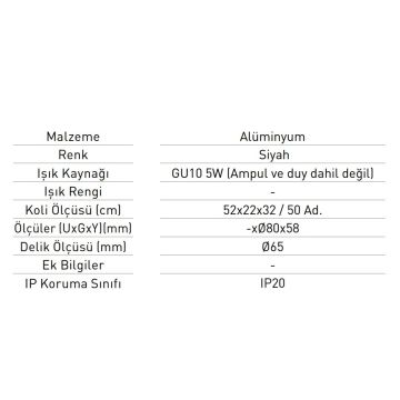 JUPITER JH508 S Siyah Sıva Altı Yuvarlak Spot Kasası - Metal
