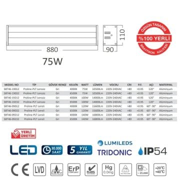 Braytron SBT46-19012 75 Watt LED Yüksek Tavan Armatürü - Ilık Beyaz (4000K) - LUMILEDS LED & TRIDONIC Driver - IP54