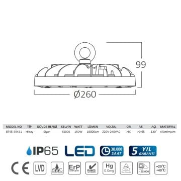 Braytron BT45-39431 150 Watt LED Yüksek Tavan Armatürü - Beyaz Işık (6500K)