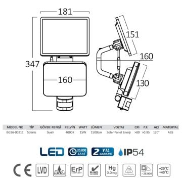 Braytron BG36-00211 15 Watt LED Solar Aplik - Ilık Beyaz (4000K)