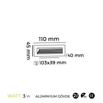 MOLLED MOL9003 3 Watt Antrasit Sıva Altı Dikdörtgen Dış Mekan LED Merdiven Armatürü - Metal - Gün Işığı (3000K)