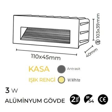 MOLLED MOL9003 3 Watt Antrasit Sıva Altı Dikdörtgen Dış Mekan LED Merdiven Armatürü - Metal - Gün Işığı (3000K)
