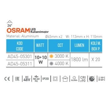 ACK AD45-05311 10+10 Watt İkili OSRAM LED Magnet Ray Spot - Ilık Beyaz (4000K)