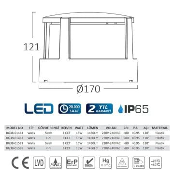 Braytron BG38-01482 15 Watt Gri Kasa Set Üstü LED Aplik - 3 Işık Renkli (Beyaz + Ilık Beyaz + Gün Işığı)