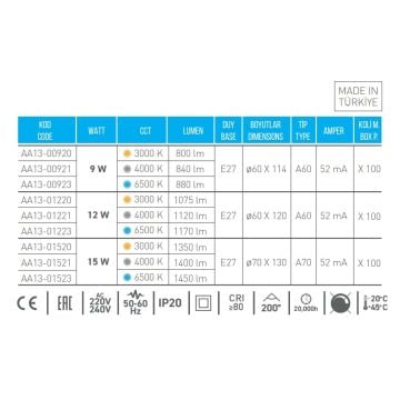 ACK AA13-01523 15 Watt LED Ampul - SAMSUNG LED - Beyaz Işık (6500K)