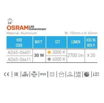 ACK AD45-06411 30 Watt OSRAM LED Magnet Ray Spot - Ilık Beyaz (4000K)