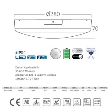Braytron BC15-00580 20 Watt Sensörlü ve Acil Durum Kitli Dış Mekan LED Tavan Armatürü - 3 Işık Renkli (Beyaz + Ilık Beyaz + Gün Işığı)