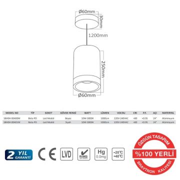 Braytron SBH04-00400M 6x25 cm Beyaz Kasa LED Boru Sarkıt Avize - Gün Işığı (3000K)