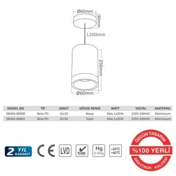 Braytron SBH04-00401 6x25 cm Siyah Boru Sarkıt Avize - GU10 Duylu