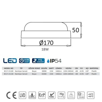 Braytron BC17-21130 18 Watt Beyaz Kasa Yuvarlak Sensörlü Dış Mekan LED Aplik - Beyaz Işık (6500K)