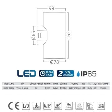 Braytron BG38-02582 2x9 Watt Gri Kasa Çift Yönlü Dış Mekan LED Aplik - 3 Işık Renkli (Beyaz + Ilık Beyaz + Gün Işığı)