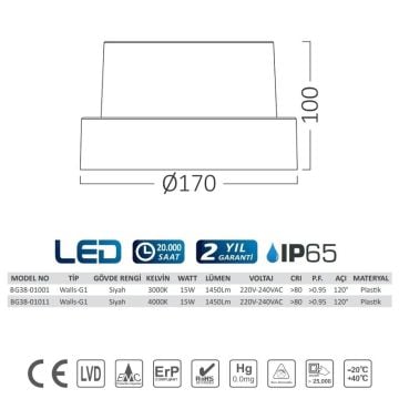 Braytron BG38-01011 15 Watt Siyah Kasa Yuvarlak Dış Mekan LED Aplik - Ilık Beyaz (4000K)