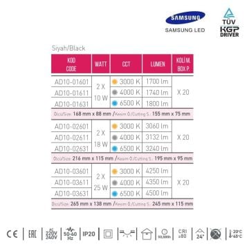ACK AD10-02601 2x18 Watt Siyah İkili Sıva Altı SAMSUNG LED Spot - Gün Işığı (3000K)