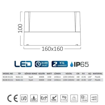 Braytron BG38-01101 15 Watt Siyah Kasa Kare Dış Mekan LED Aplik - Gün Işığı (3000K)