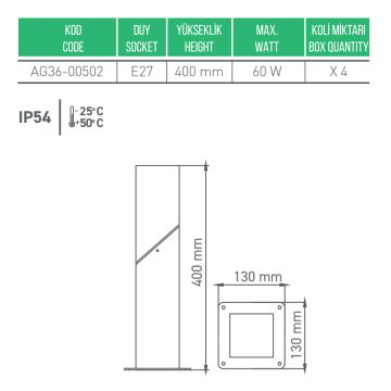 ACK AG36-00502 Karya 40 cm Camlı Bollard Armatür - Metal - E27 Duylu