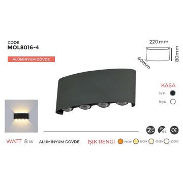 MOLLED MOL8016-4 2x4 Watt Siyah Çift Yönlü Dış Mekan LED Aplik (Metal Gövde)