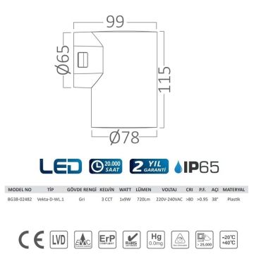 Braytron BG38-02482 9 Watt Siyah Kasa Tek Yönlü Dış Mekan LED Aplik - Gün Işığı (3000K)