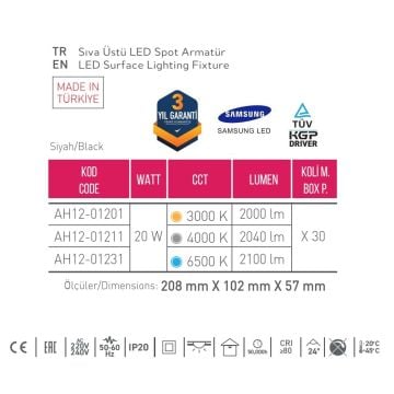 ACK AH12-01201 2x10 Watt 10x20x6 cm Beyaz-Platin Sıva Üstü İkili LED Spot - Metal - Ilık Beyaz (4000K)