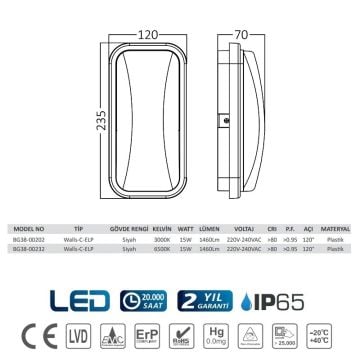 Braytron BG38-00202 15 Watt Siyah Kasa Dış Mekan LED Aplik - Gün Işığı (3000K)