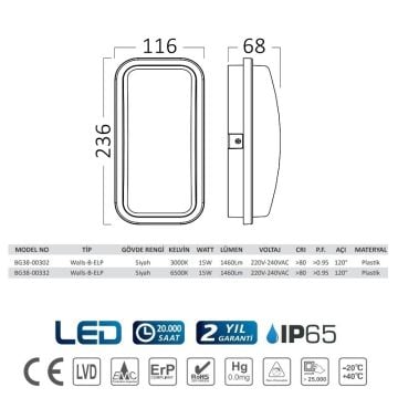 Braytron BG38-00332 15 Watt Siyah Kasa Dış Mekan LED Aplik - Gün Işığı (3000K)