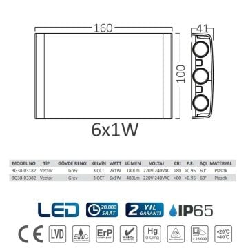 Braytron BG38-03382 6 Watt Gri Kasa Tek Yönlü Dış Mekan LED Aplik - 3 Işık Renkli (Beyaz + Ilık Beyaz + Gün Işığı)