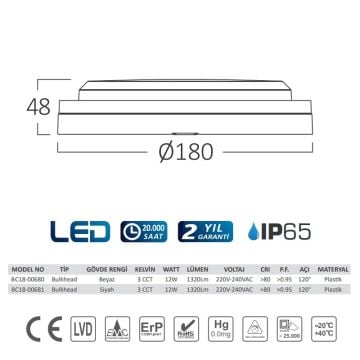 Braytron BC18-00681 12 Watt Siyah Kasa Yuvarlak Dış Mekan LED Aplik - 3 Işık Renkli (Beyaz + Ilık Beyaz + Gün Işığı)