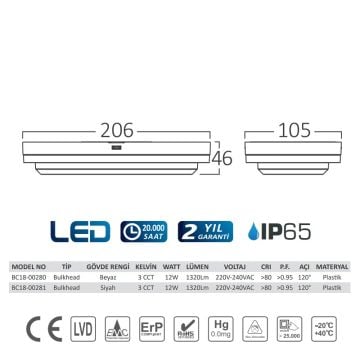 Braytron BC18-00281 12 Watt Siyah Kasa Eslips Dış Mekan LED Aplik - 3 Işık Renkli (Beyaz + Ilık Beyaz + Gün Işığı)
