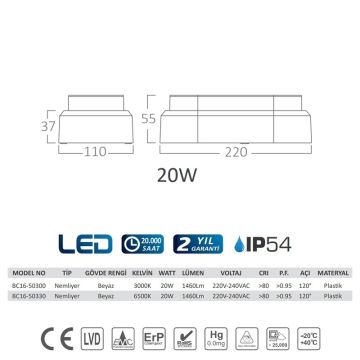 Braytron BC16-50330 20 Watt Beyaz Kasa Elips Dış Mekan LED Aplik - Beyaz Işık (6500K)